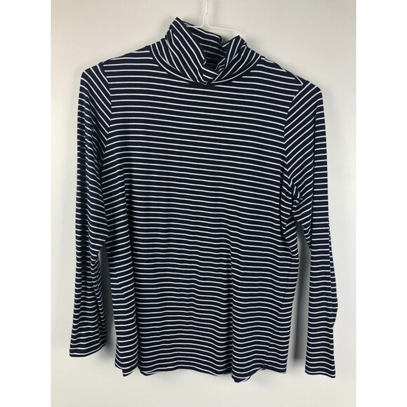 J. Jill Womens Luxe Supima Shirttail Turtleneck Top Size MP Striped Navy Blue - Picture 2 of 7